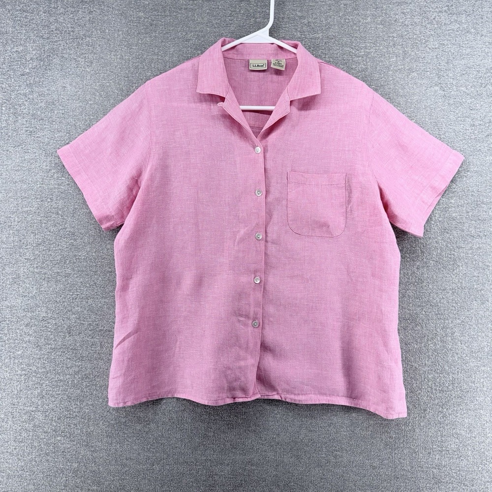 LL Bean Blouse Top Women Size Medium Short Sleeve 100% Linen Pink Casual